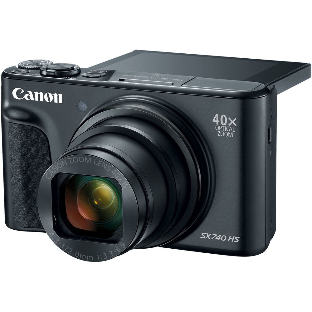 Canon PowerShot SX740 HS Digital Compact Camera in Black featuring a 40× optical zoom lens, built-in flash, 3-inch flip screen, and compact body ideal for travel photography.