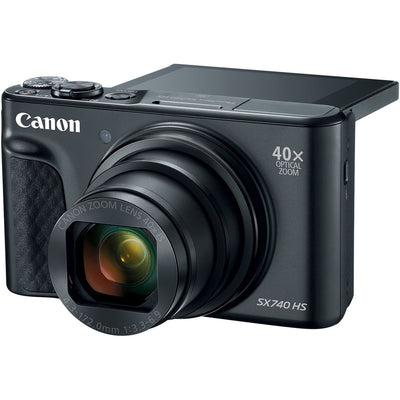 Canon PowerShot SX740 HS Digital Compact Camera in Black featuring a 40× optical zoom lens, built-in flash, 3-inch flip screen, and compact body ideal for travel photography.
