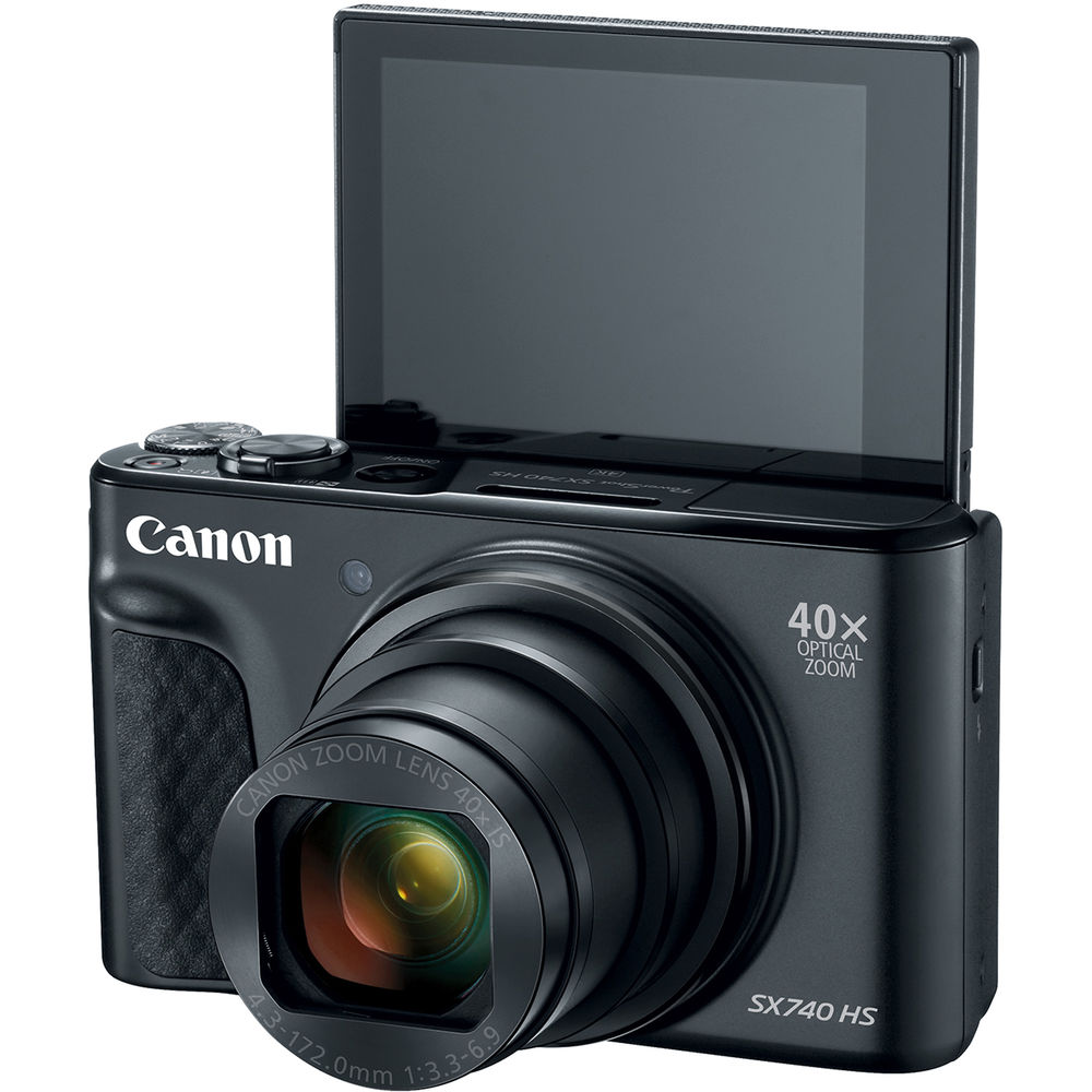 Canon PowerShot SX740 HS Digital Compact Camera in Black featuring a 40× optical zoom lens, built-in flash, 3-inch flip screen, and compact body ideal for travel photography.