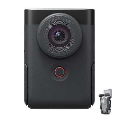 Canon PowerShot V10 Advanced Vlogging Kit: Compact 15MP 1" BSI CMOS sensor, built-in 19mm wide-angle lens, UHD 4K30p and Full HD 60p video, dual stereo microphones with wind filter, enhanced image stabilization, 2" tilting touchscreen, built-in stand, Wi-Fi & Bluetooth, plastic-free packaging, includes camera cage kit with windshields and storage bag.