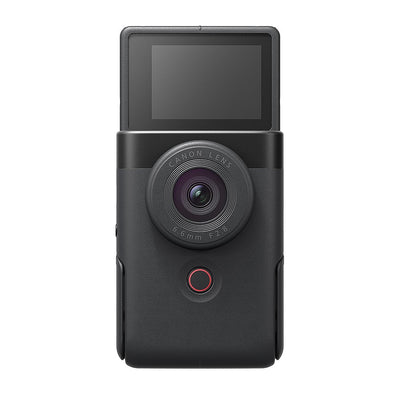 Canon PowerShot V10 Advanced Vlogging Kit: Compact 15MP 1" BSI CMOS sensor, built-in 19mm wide-angle lens, UHD 4K30p and Full HD 60p video, dual stereo microphones with wind filter, enhanced image stabilization, 2" tilting touchscreen, built-in stand, Wi-Fi & Bluetooth, plastic-free packaging, includes camera cage kit with windshields and storage bag.