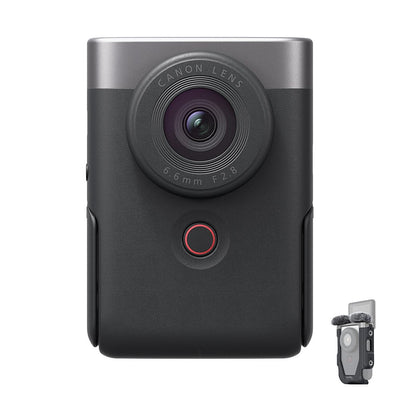 Canon PowerShot V10 Advanced Vlogging Kit (Silver): Compact 15MP 1" BSI CMOS sensor, fixed 19mm wide-angle lens, UHD 4K30p and Full HD 60p video, dual built-in stereo mics with wind filter, enhanced image stabilization, 2" tilting touchscreen, built-in stand, Wi-Fi & Bluetooth, camera cage kit included for accessory mounting and wind noise reduction.