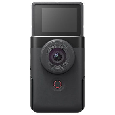 Canon PowerShot V10 Vlog Camera in black, compact rectangular body with wide-angle lens, tilting flip-up screen, and built-in stand.