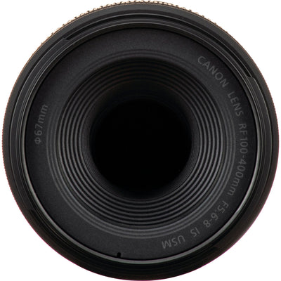 Front view of the Canon RF 100-400 telephoto zoom lens, with a 67mm filter thread.