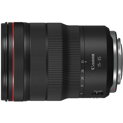 Canon camera lens with black and red design on a white background