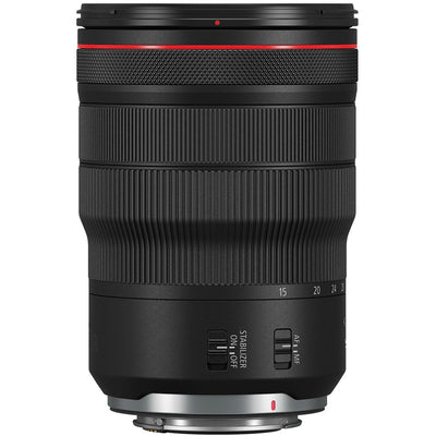 Camera lens with black and red design on a white background