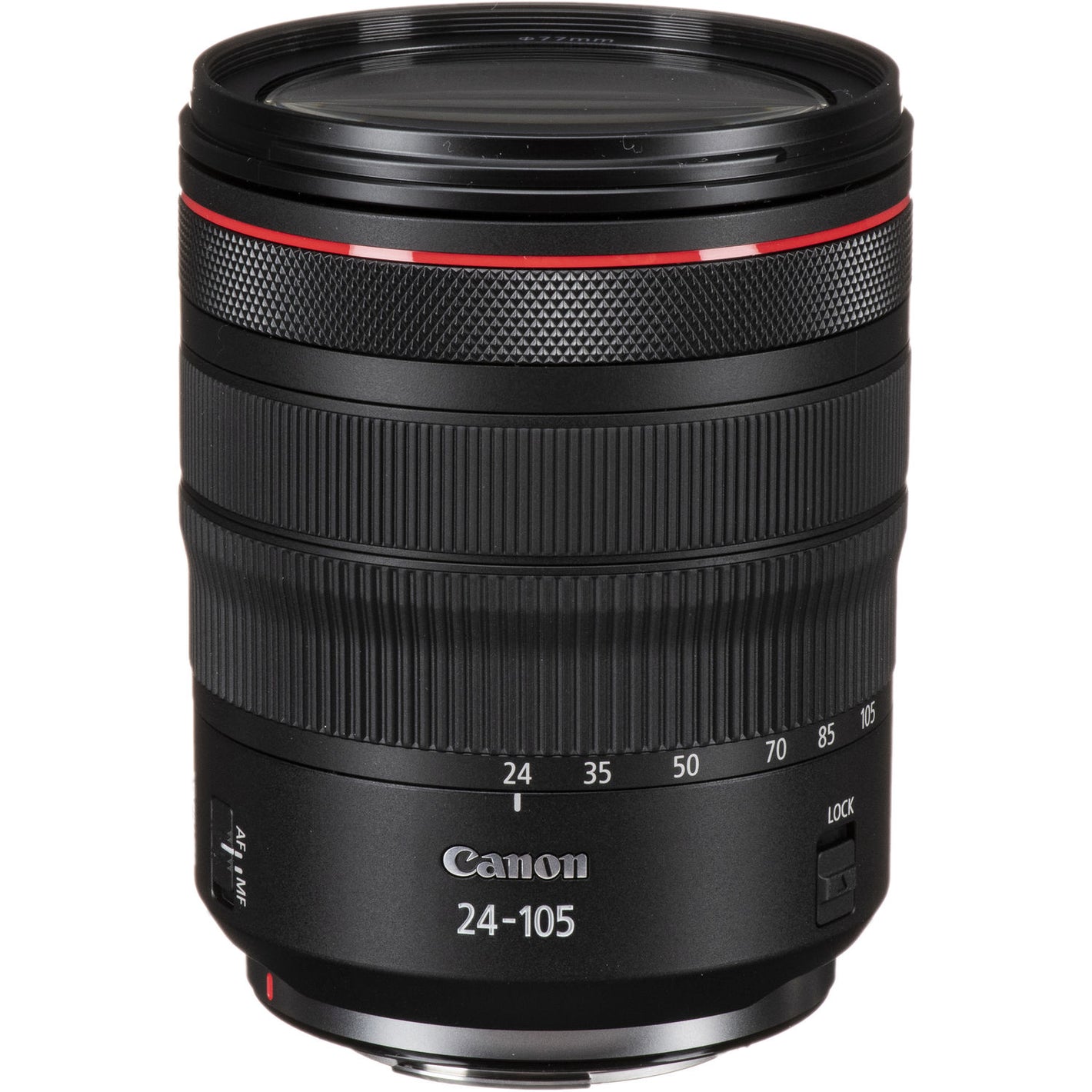Canon camera lens with focus scale and brand name on a white background
