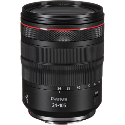Canon camera lens with focus scale and brand name on a white background