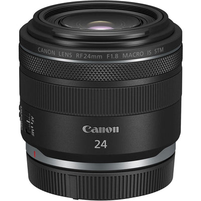 Canon RF 24mm f/1.8 Macro IS STM – lightweight wide-angle prime with close focusing, built-in image stabilization, and smooth STM autofocus.
