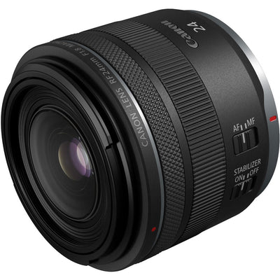 Canon RF 24mm f/1.8 Macro IS STM – lightweight wide-angle prime with close focusing, built-in image stabilization, and smooth STM autofocus.
