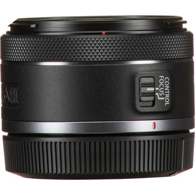 Compact Canon RF 50mm f/1.8 STM prime lens for mirrorless cameras, featuring a sleek black design and configurable control ring.