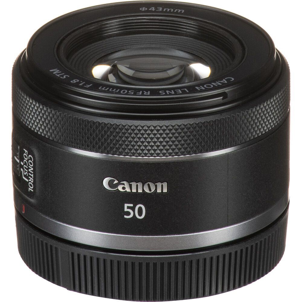 Compact Canon RF 50mm f/1.8 STM prime lens for mirrorless cameras, featuring a sleek black design and configurable control ring.