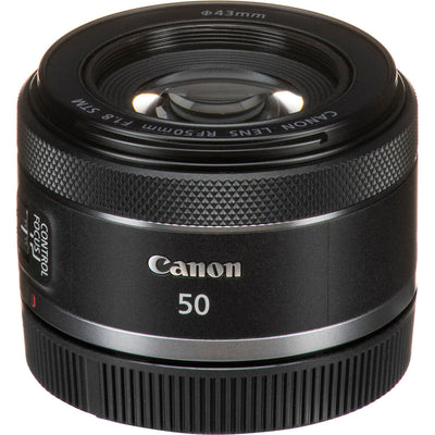 Compact Canon RF 50mm f/1.8 STM prime lens for mirrorless cameras, featuring a sleek black design and configurable control ring.