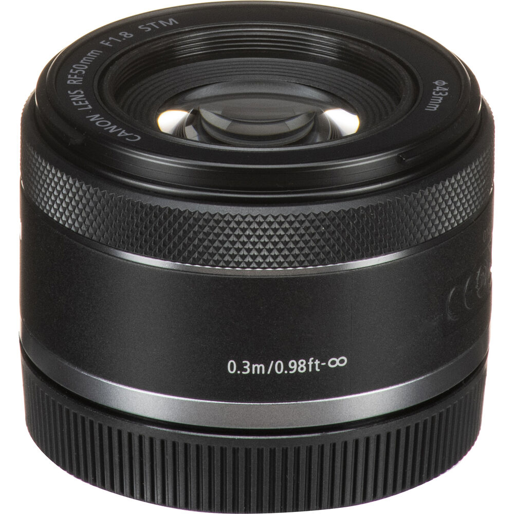 Compact Canon RF 50mm f/1.8 STM prime lens for mirrorless cameras, featuring a sleek black design and configurable control ring.
