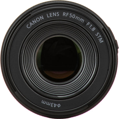 Compact Canon RF 50mm f/1.8 STM prime lens for mirrorless cameras, featuring a sleek black design and configurable control ring.