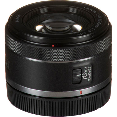 Compact Canon RF 50mm f/1.8 STM prime lens for mirrorless cameras, featuring a sleek black design and configurable control ring.