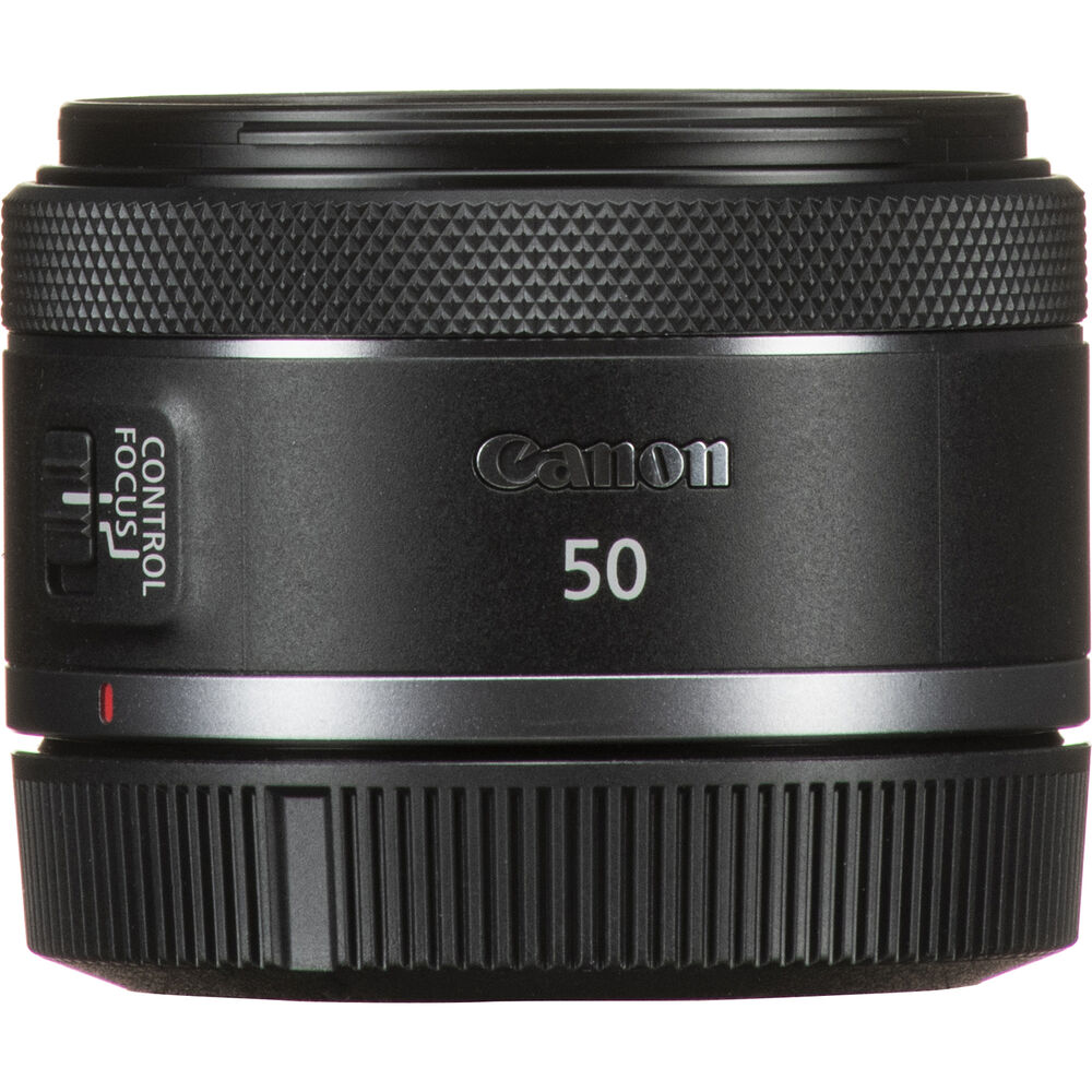 Compact Canon RF 50mm f/1.8 STM prime lens for mirrorless cameras, featuring a sleek black design and configurable control ring.