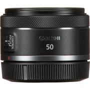 Compact Canon RF 50mm f/1.8 STM prime lens for mirrorless cameras, featuring a sleek black design and configurable control ring.