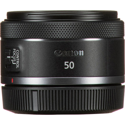 Compact Canon RF 50mm f/1.8 STM prime lens for mirrorless cameras, featuring a sleek black design and configurable control ring.