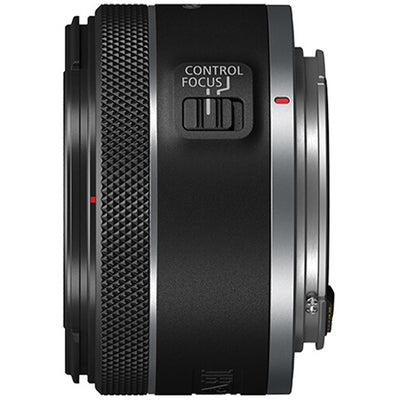 Camera lens with control focus button on a white background