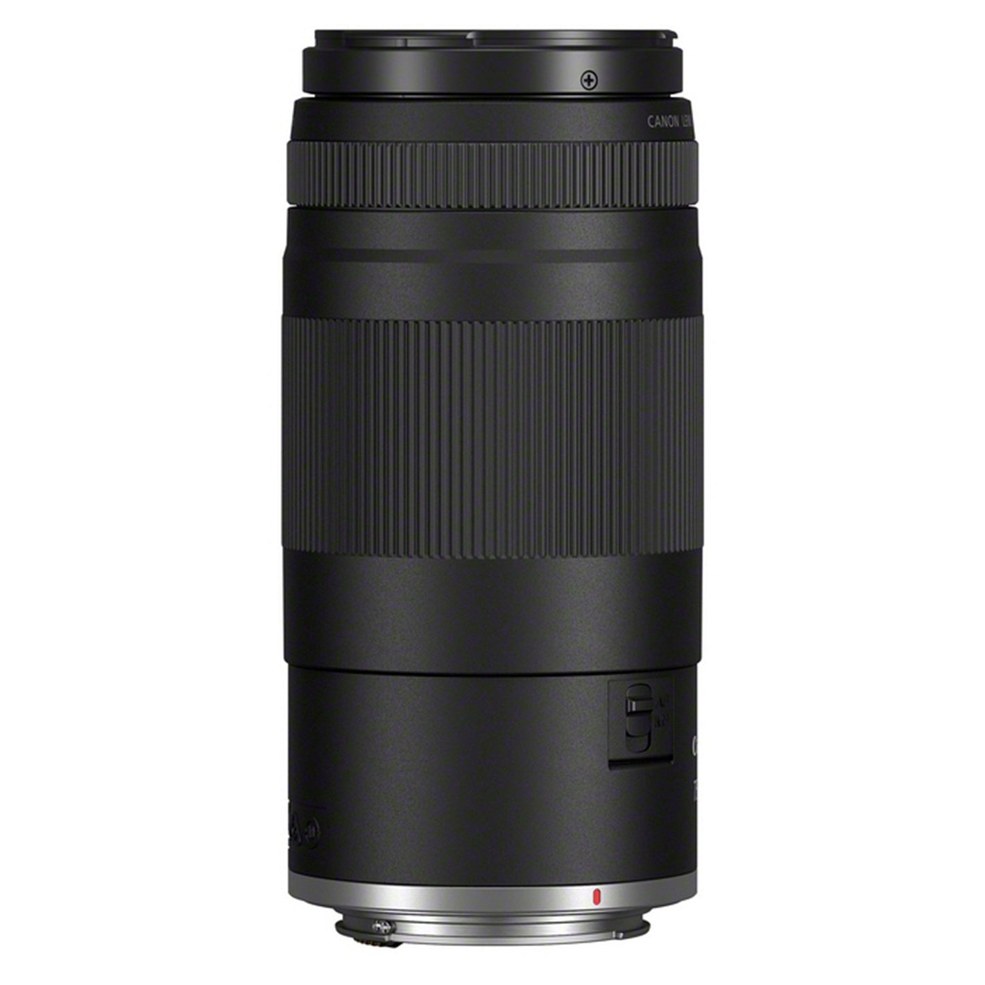 Black camera lens on a white background