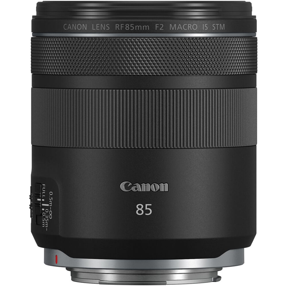 Canon RF 85mm F2 Macro IS STM lens on a white background