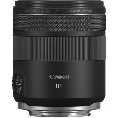 Canon RF 85mm F2 Macro IS STM lens on a white background