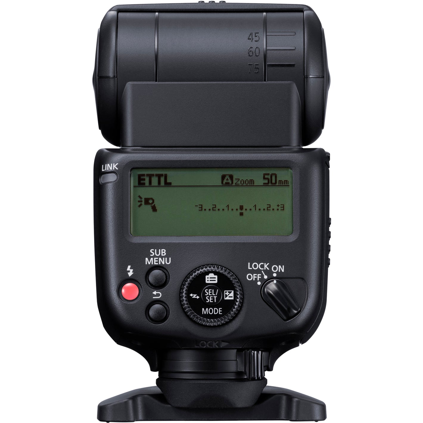 Canon Speedlite EL-10 on camera hot shoe — compact black flash unit with zooming flash head and built-in bounce diffuser card.