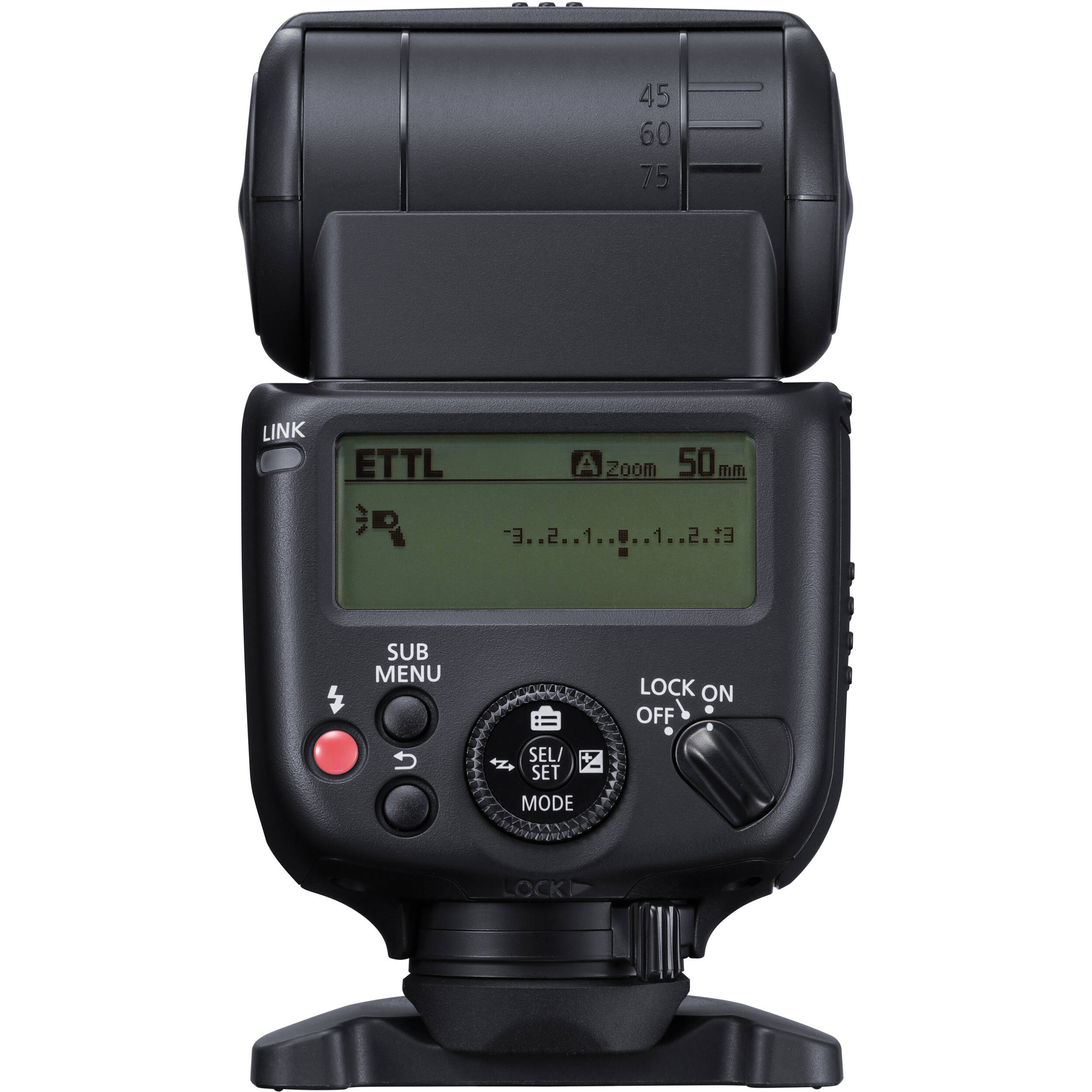 Canon Speedlite EL-10 on camera hot shoe — compact black flash unit with zooming flash head and built-in bounce diffuser card.