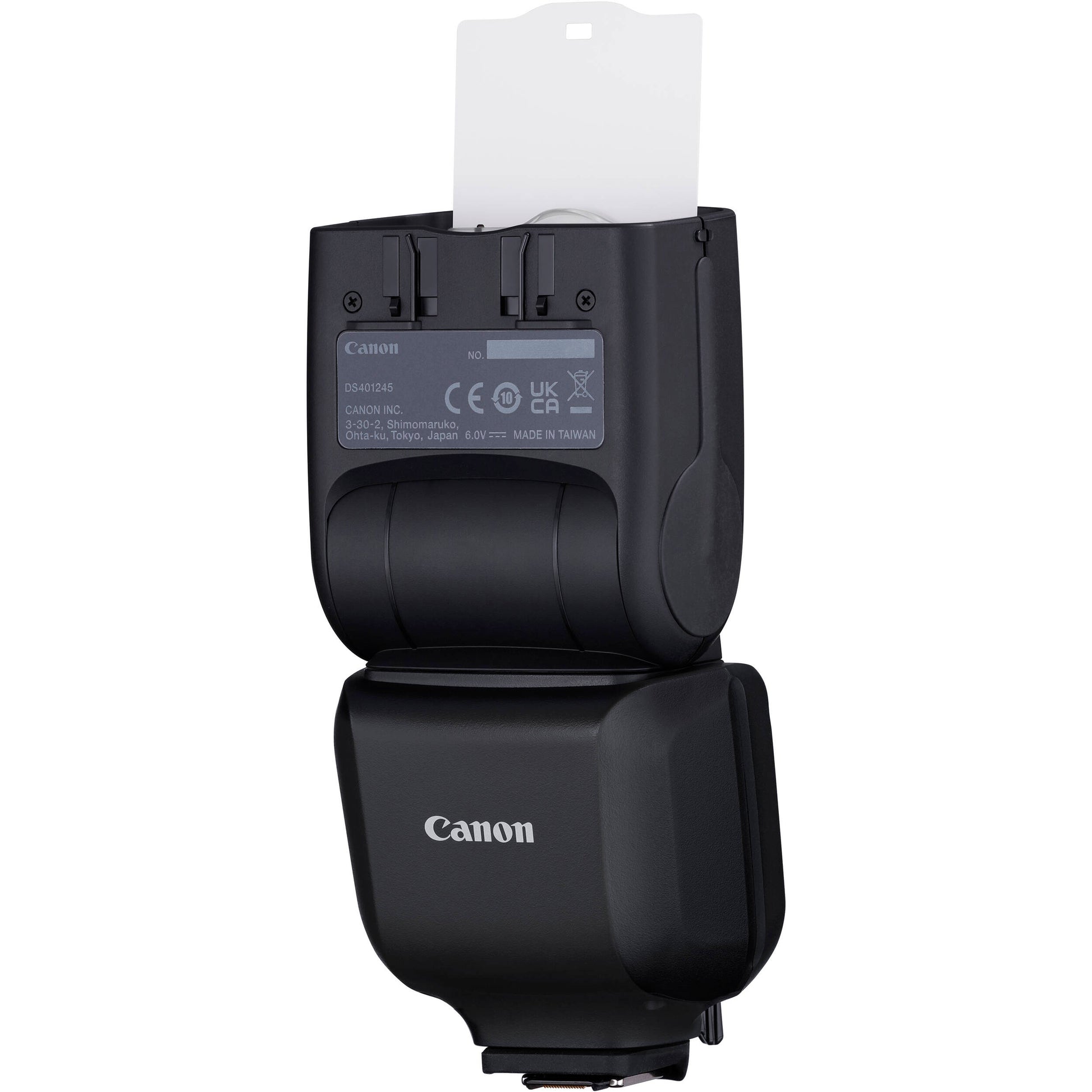 Canon Speedlite EL-10 on camera hot shoe — compact black flash unit with zooming flash head and built-in bounce diffuser card.