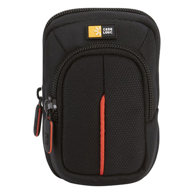 Compact digital camera case with vibrant accents, zippered pocket, and detachable lanyard, designed for travel and everyday use.