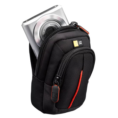 Compact digital camera case with vibrant accents, zippered pocket, and detachable lanyard, designed for travel and everyday use.