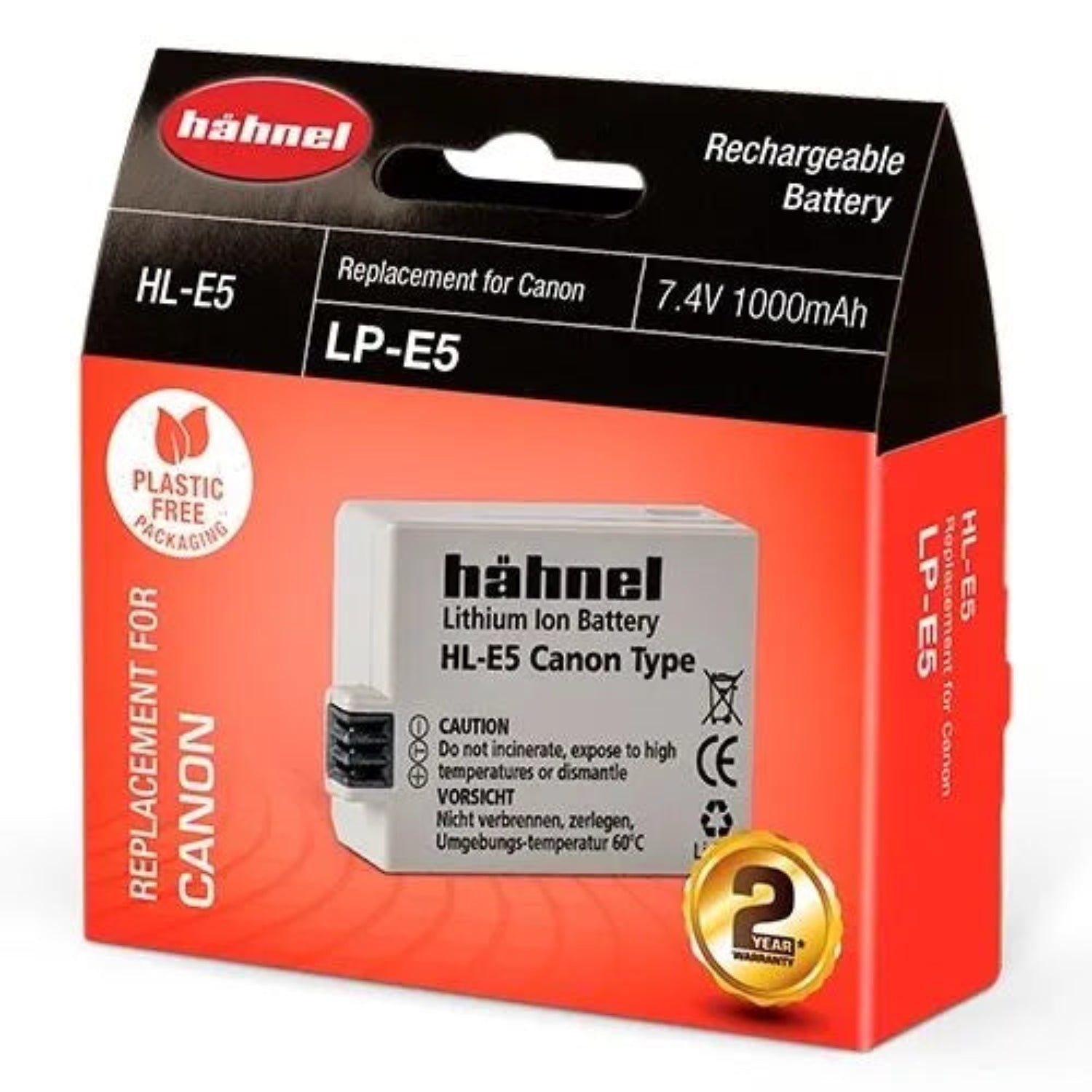 Hahnel HL-E5 is a 1000mAh 7.4V lithium-ion battery replacement for Canon LP-E5, compatible with Canon EOS 1000D and 500D cameras.