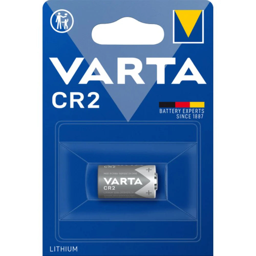 Varta CR2 3V lithium battery standing upright on white background.