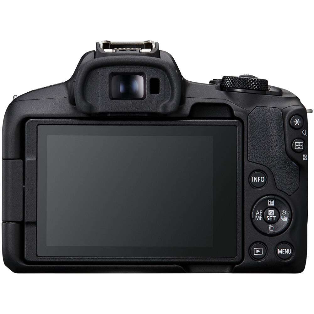 Canon EOS R50 Creator Kit with camera, mic, tripod grip, and 18-45mm lens.
