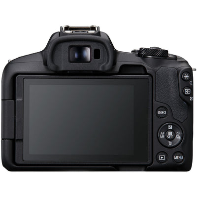 Canon EOS R50 Creator Kit with camera, mic, tripod grip, and 18-45mm lens.
