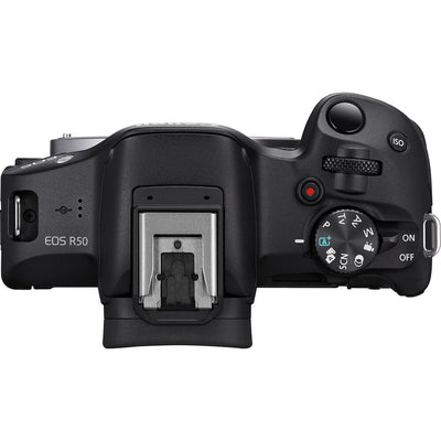 Canon EOS R50 Creator Kit with camera, mic, tripod grip, and 18-45mm lens.
