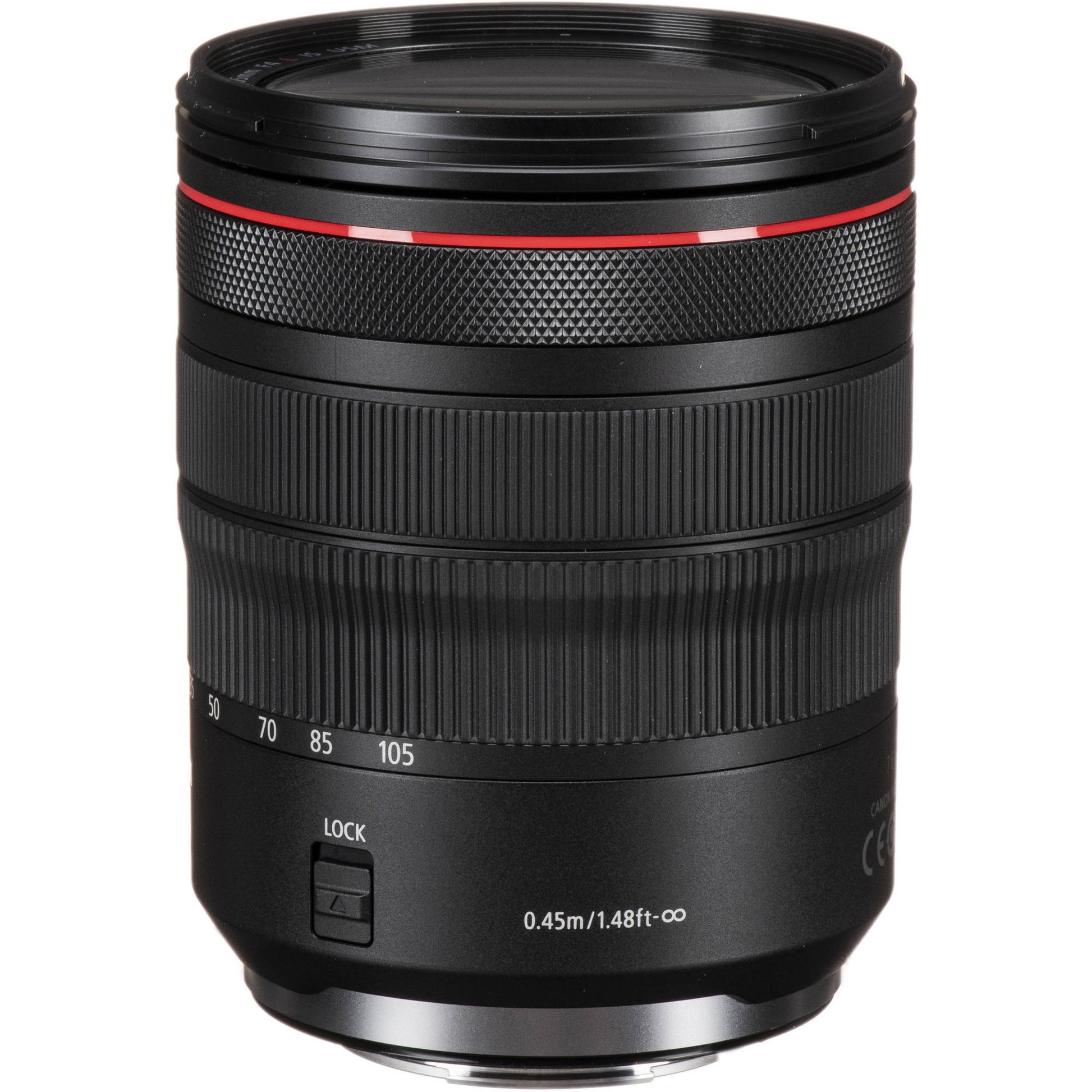 Camera lens with focus scale and brand logo on a white background