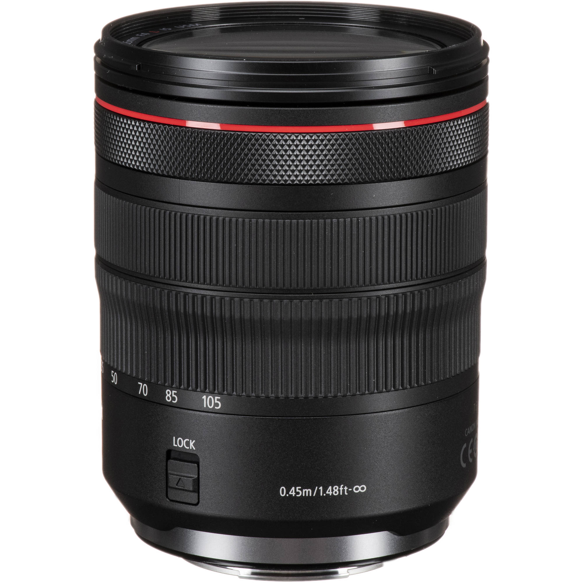 Camera lens with focus scale and brand logo on a white background
