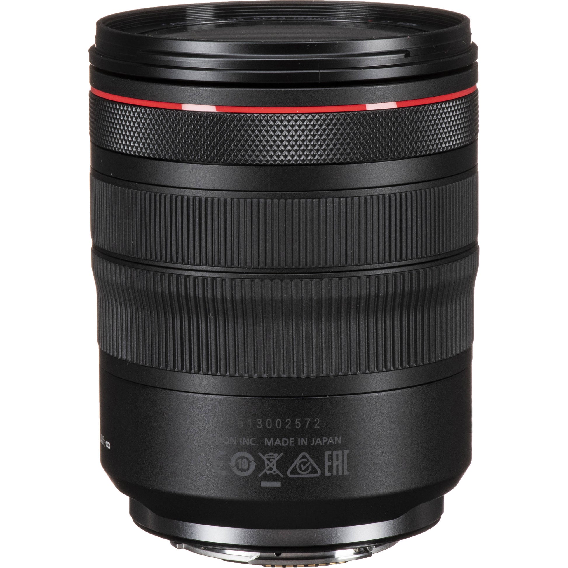 Camera lens with focus scale and brand logo on a white background