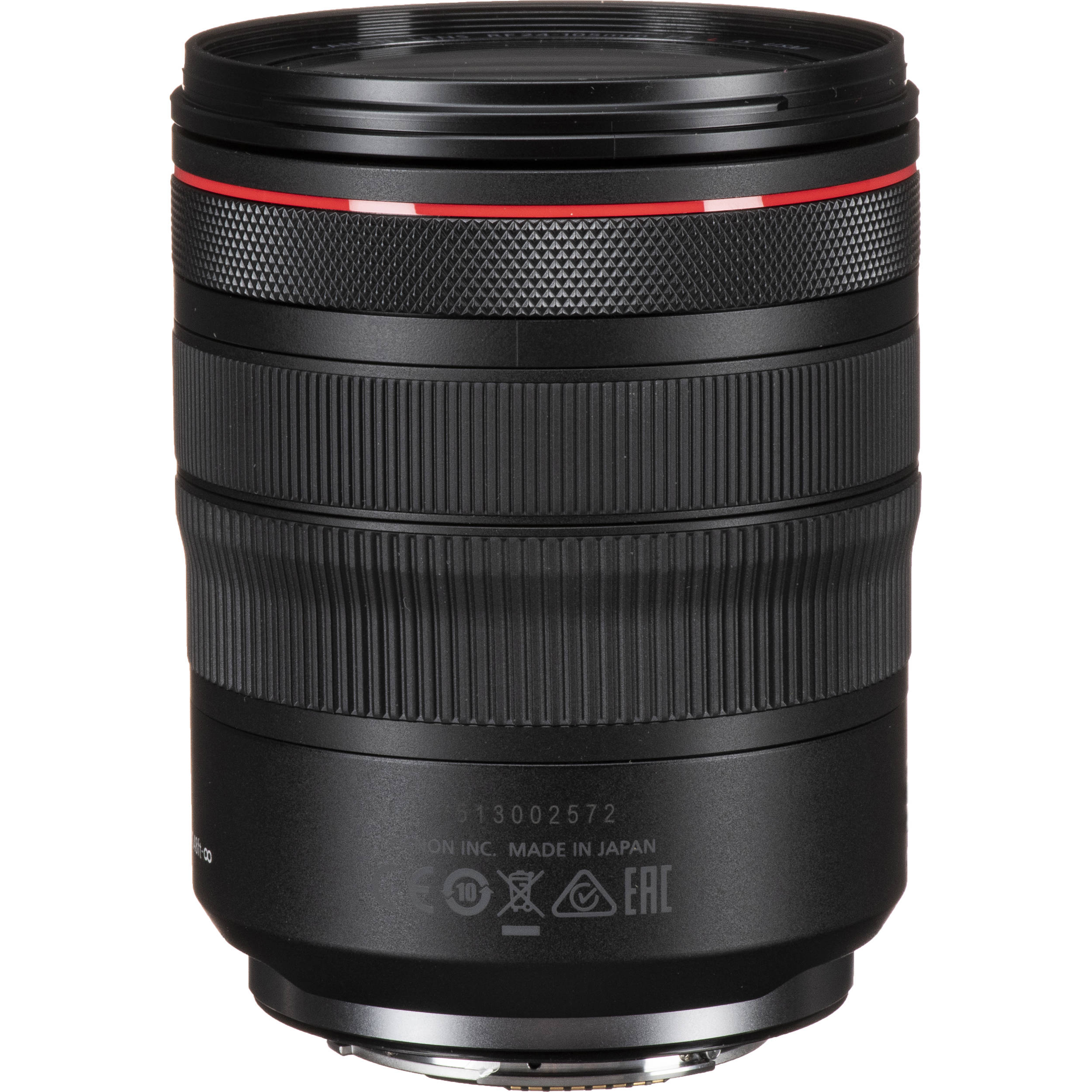 Camera lens with focus scale and brand logo on a white background