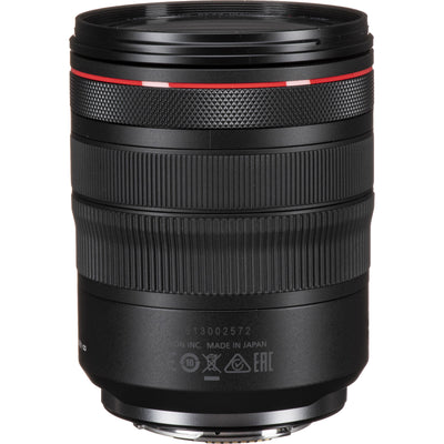 Camera lens with focus scale and brand logo on a white background