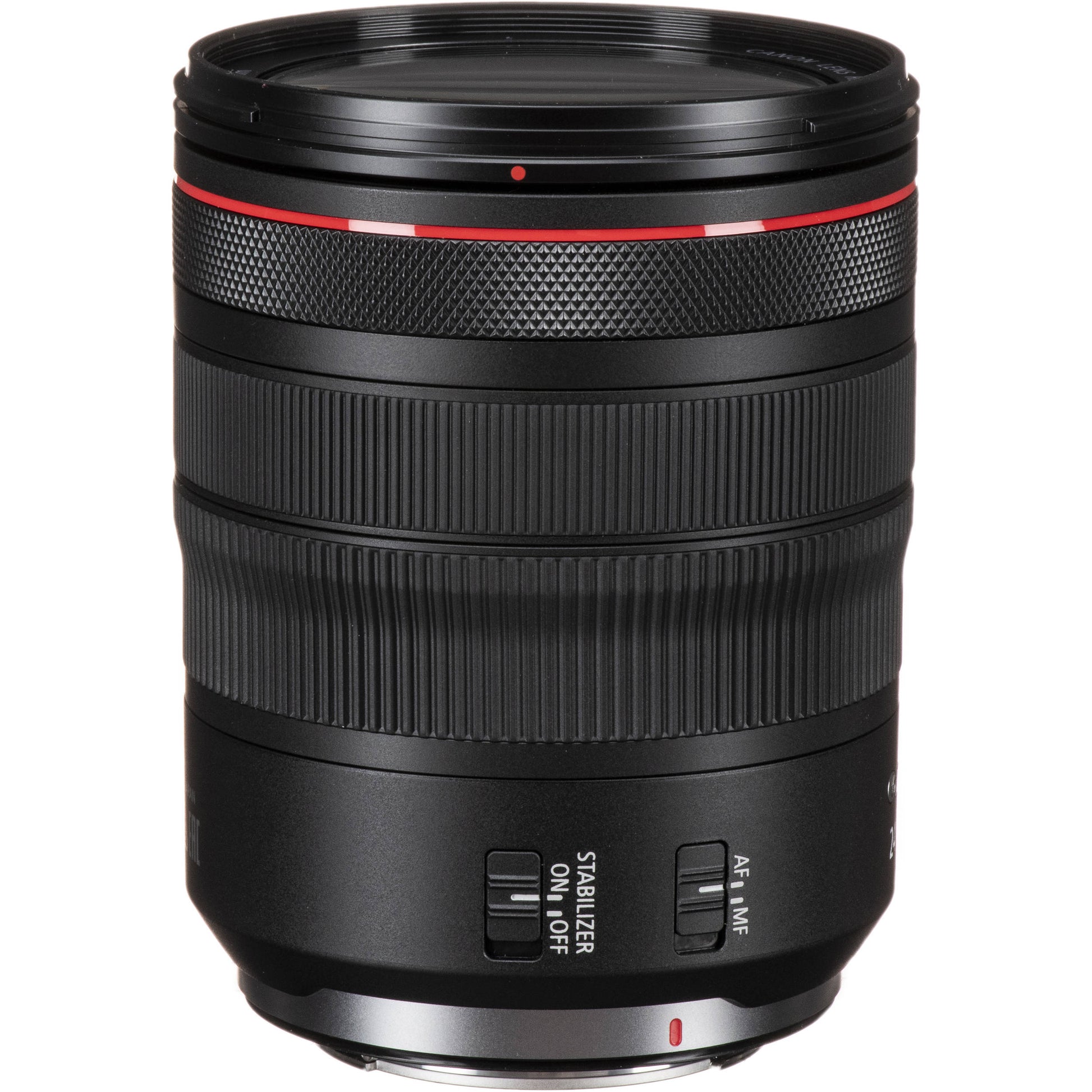 Camera lens with focus scale and brand logo on a white background