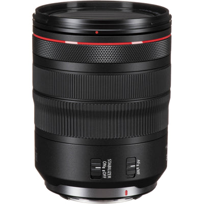 Camera lens with focus scale and brand logo on a white background