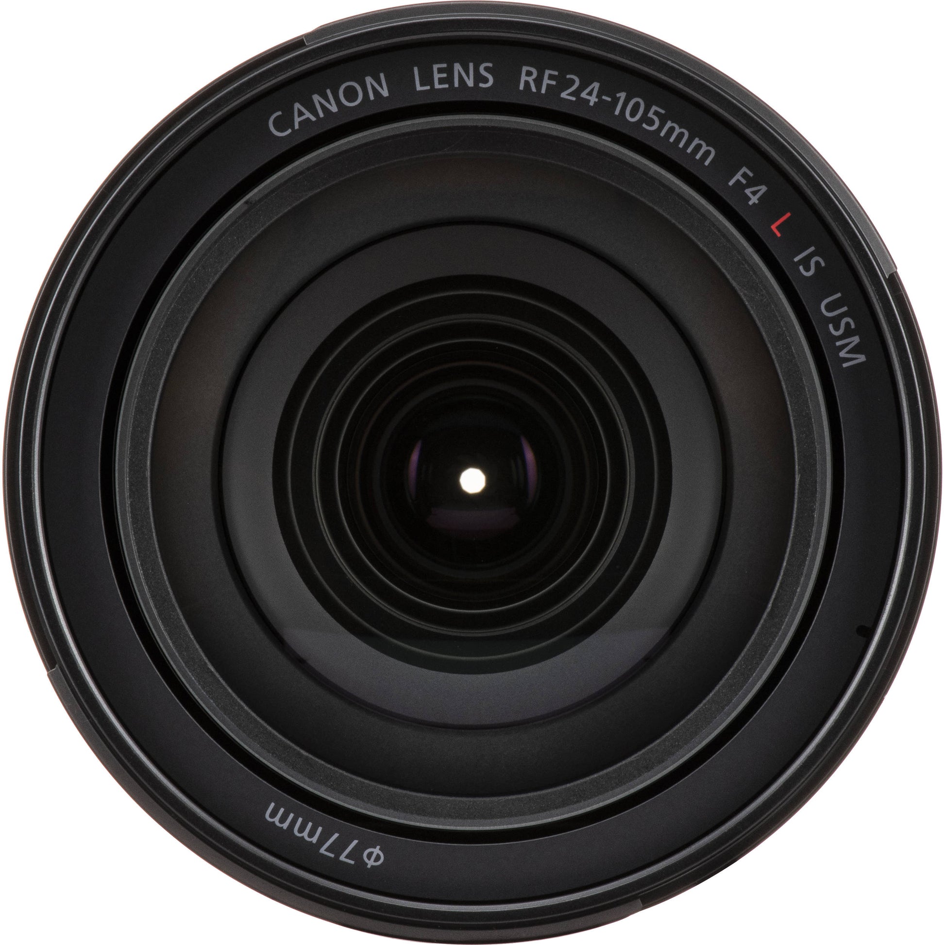 Camera lens with focus scale and brand logo on a white background