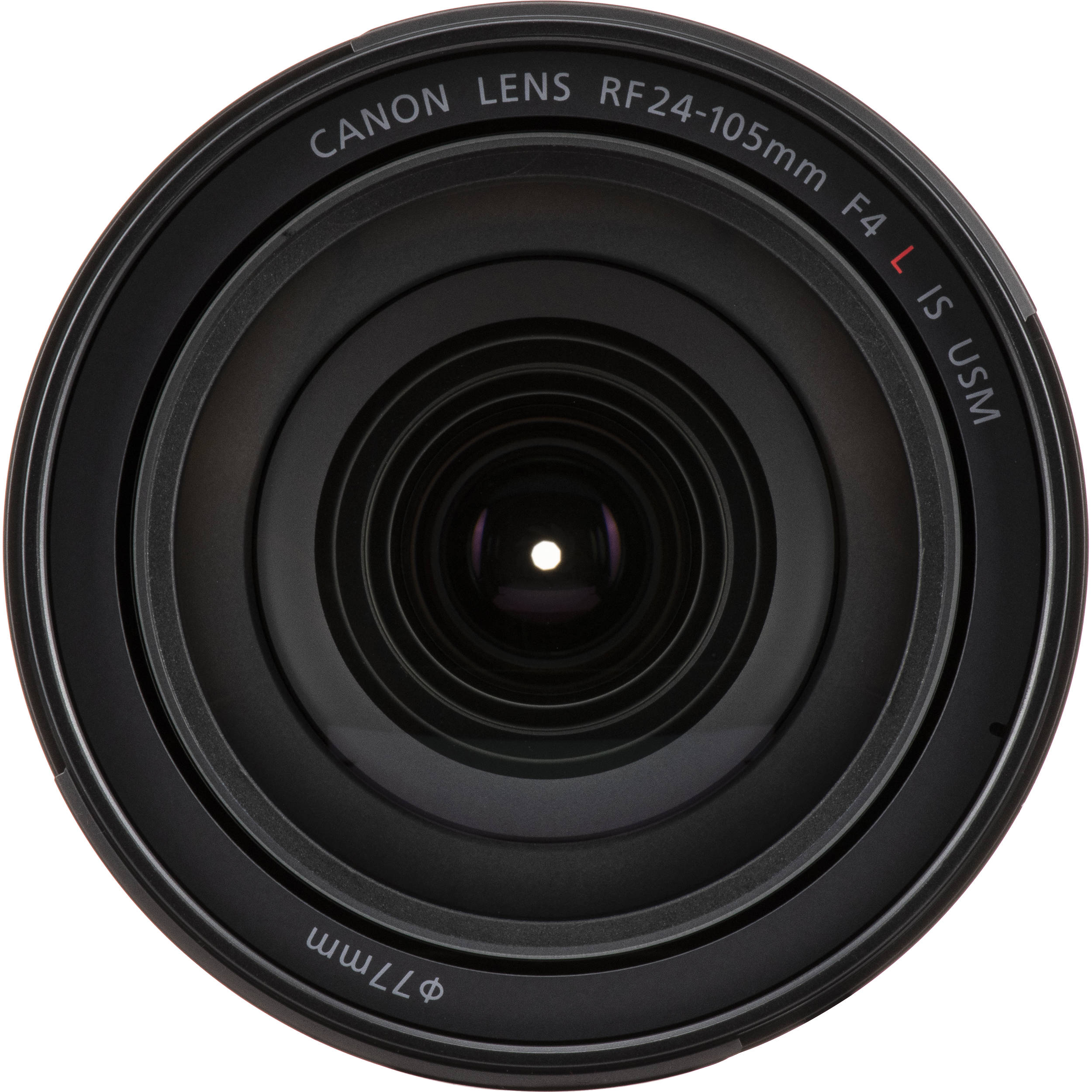 Camera lens with focus scale and brand logo on a white background