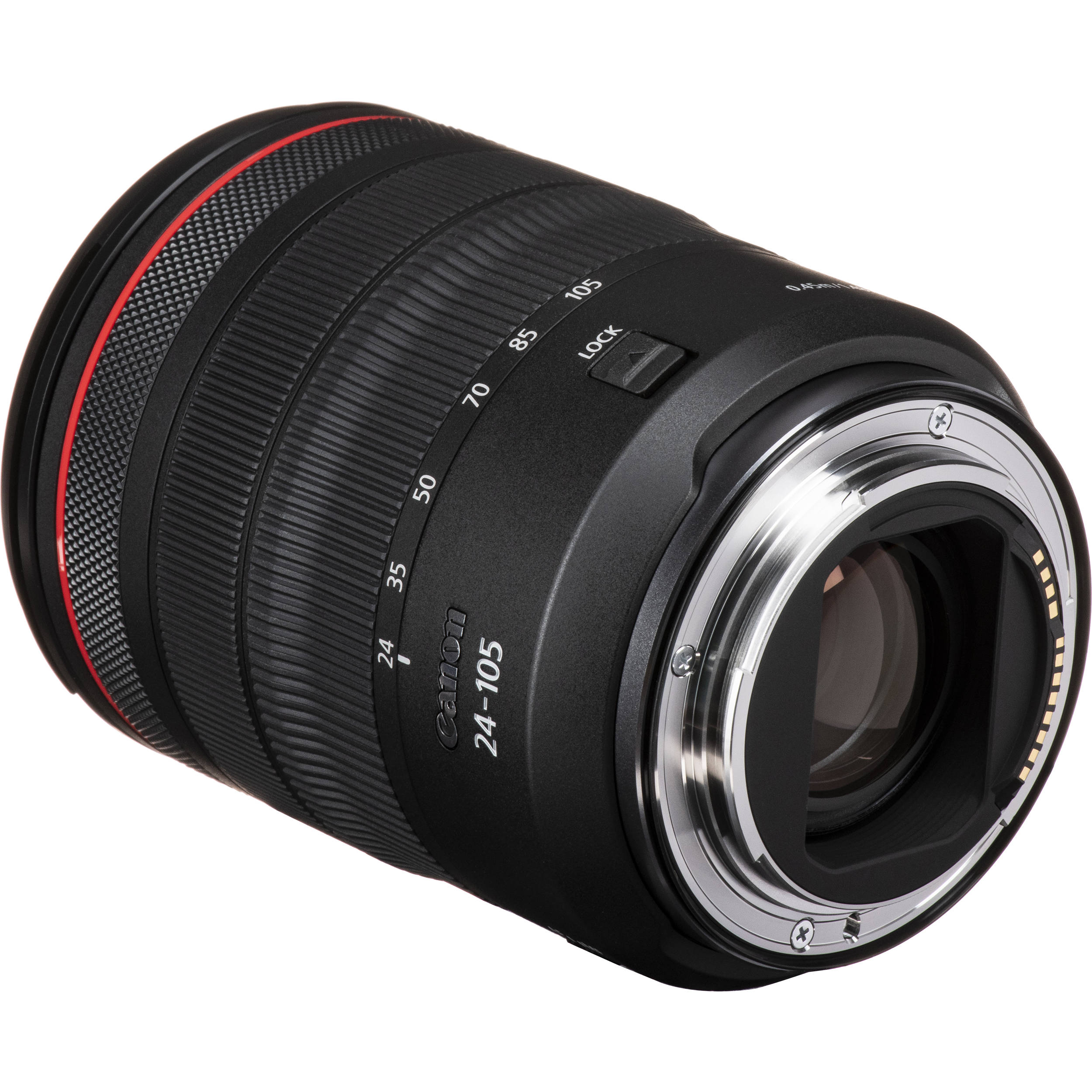 Camera lens with focus scale and brand logo on a white background