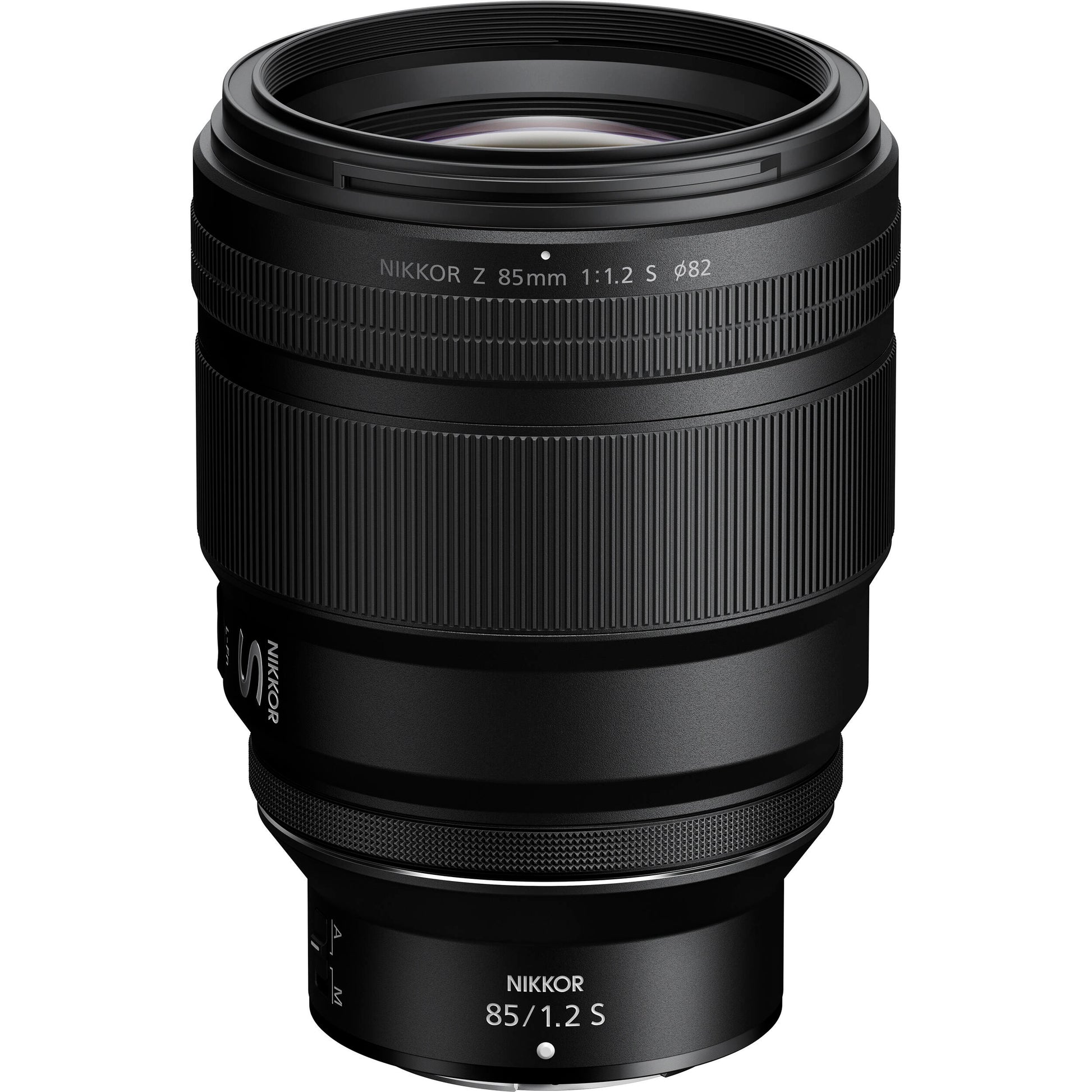 Nikon Nikkor Z 85mm f/1.2 S lens on a white background