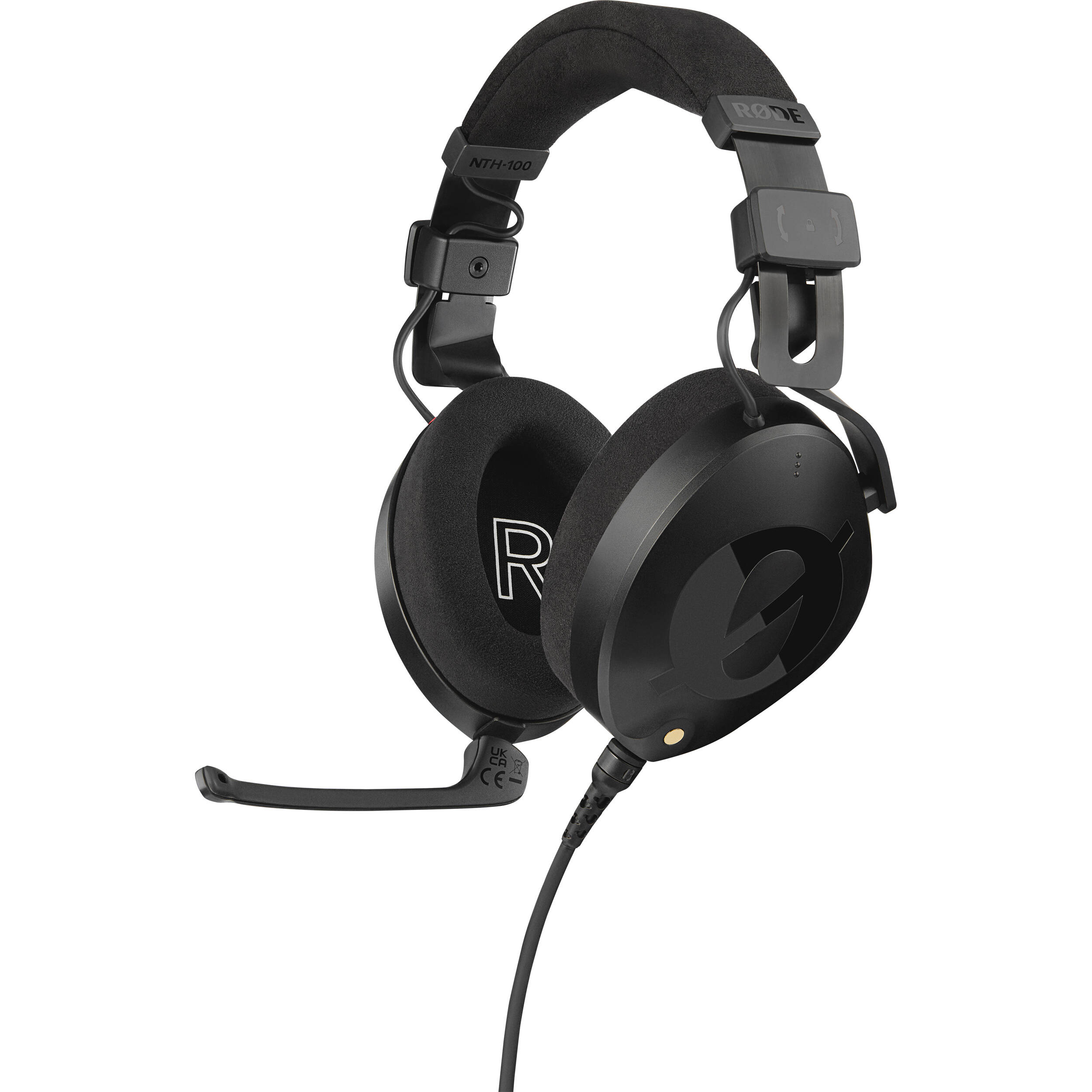 Black over-ear professional headset with adjustable boom microphone, detachable straight cable, and closed-back design.