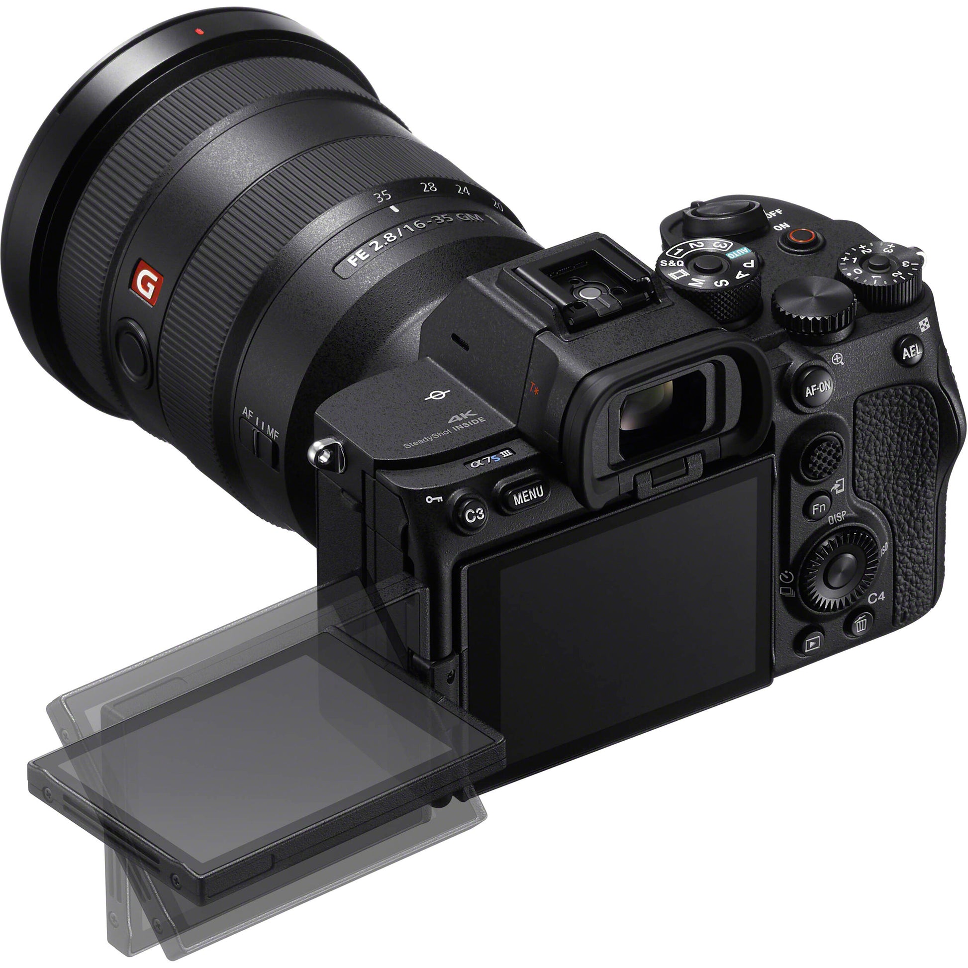 Sony Alpha a7S III full-frame mirrorless camera, 12.1MP sensor, 4K 120fps video, 5-axis stabilisation, and fast hybrid autofocus for low-light performance.
